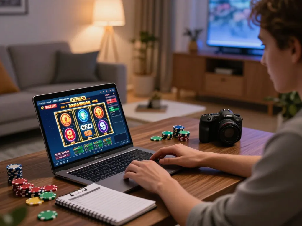 Engaging online gaming with slot deposit 2rb visible on screen, player managing bankroll in cozy home setting.