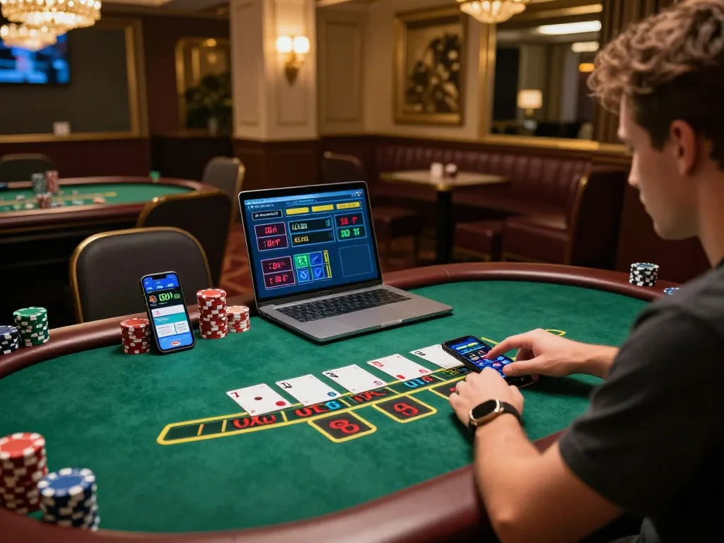 Player using laptop for g28 online casino gaming, showcasing strategic blackjack play in a warm setting.