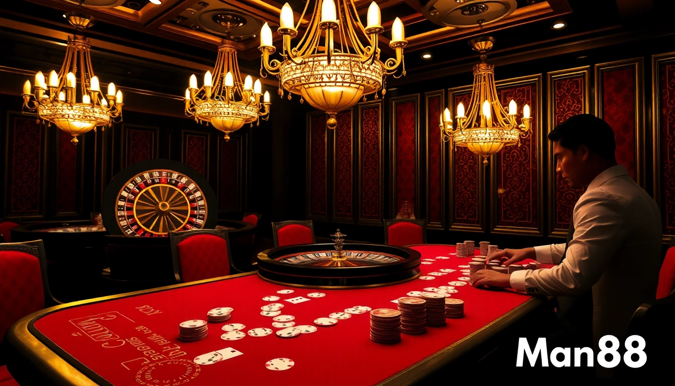 Exciting gaming scene at Man88 casino with poker chips and roulette.