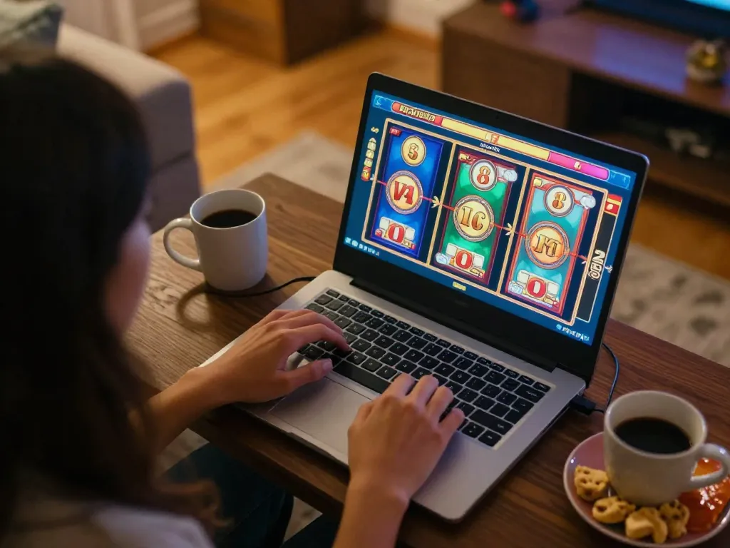 Engaging with slot gacor machines on a laptop at home, showcasing winning excitement and cozy atmosphere
