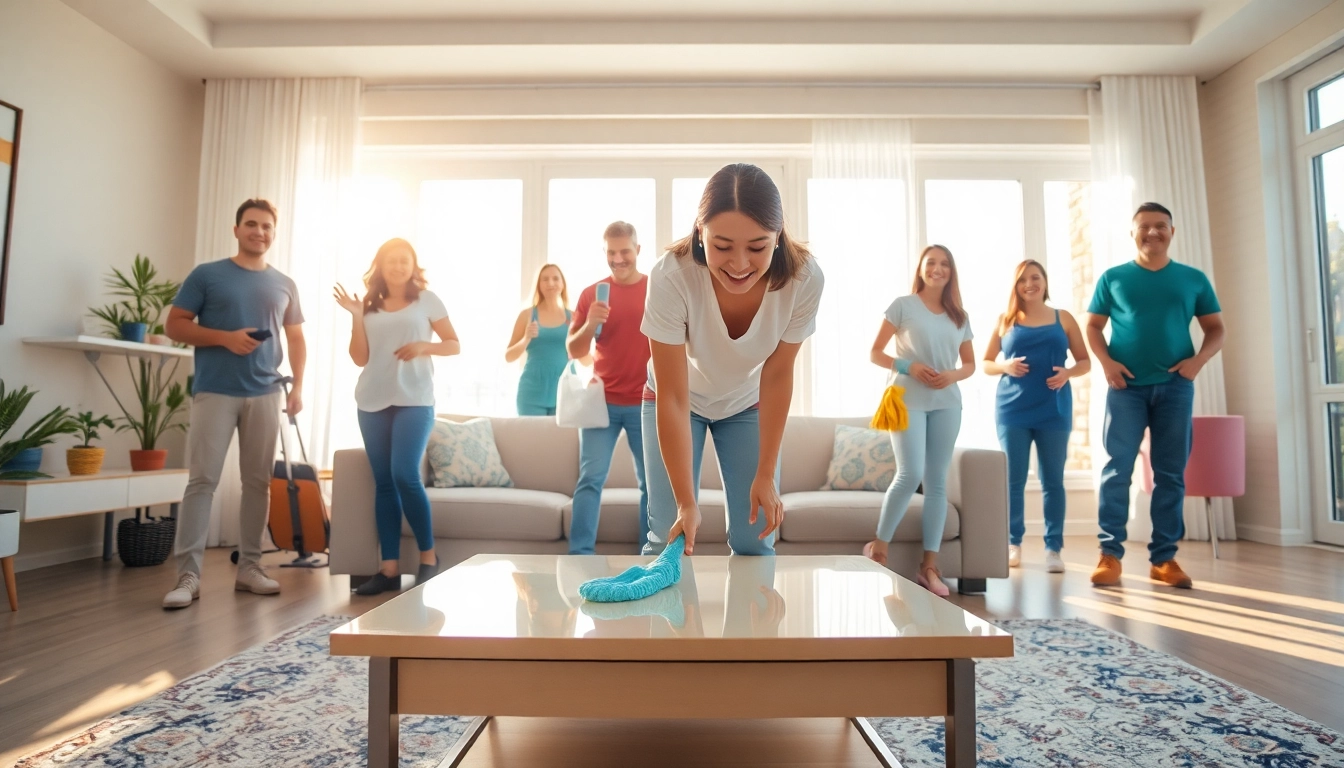 Cleaners passionately working in a sunlit room, providing cleaning services near me.