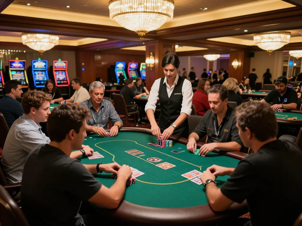 Players strategizing around poker tables with giường bệnh nhân theme, showcasing gambling intensity and excitement
