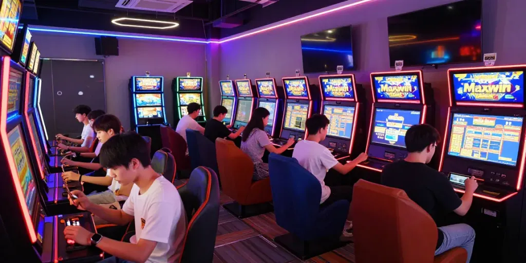 Suasana gaming modern dengan pemain slot777 yang antusias di lounge.