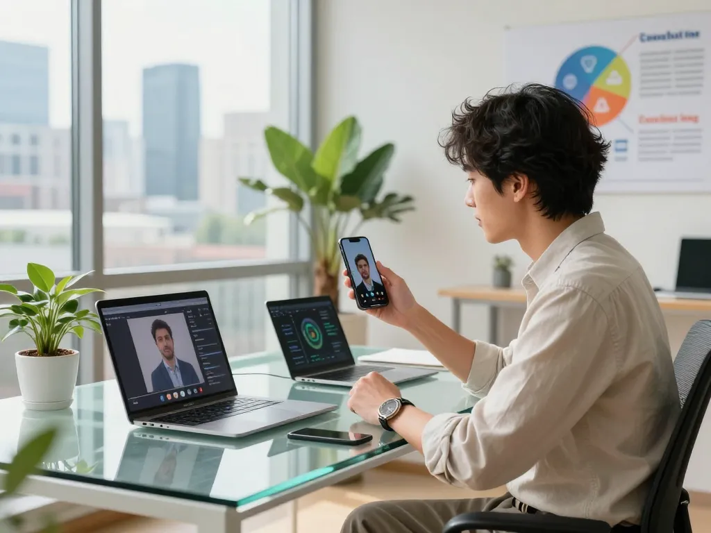 밝은 도시 사무실에서 현대 스마트폰 서비스를 보여주는 https://xacarero.co.kr의 상담.