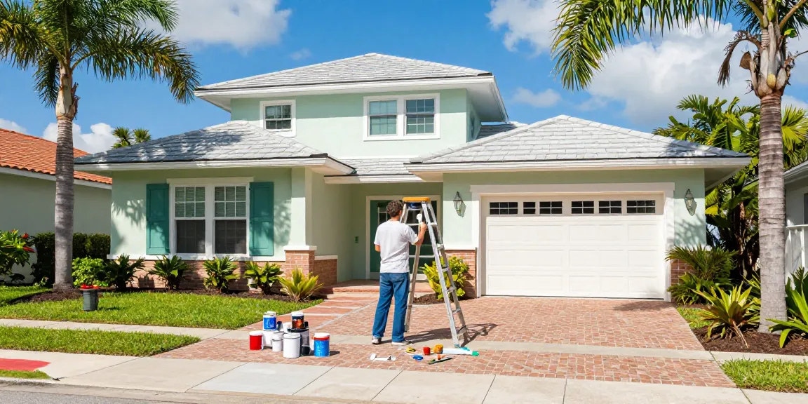Painters in Sarasota County FL working on a beautiful coastal home, highlighting expert craftsmanship and vibrant colors.