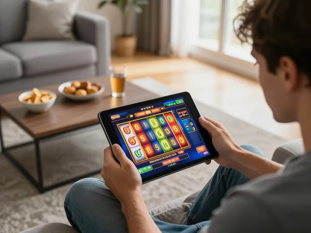 Player enjoying colorful slot game at home, showcasing uu88ae's vibrant online casino experience