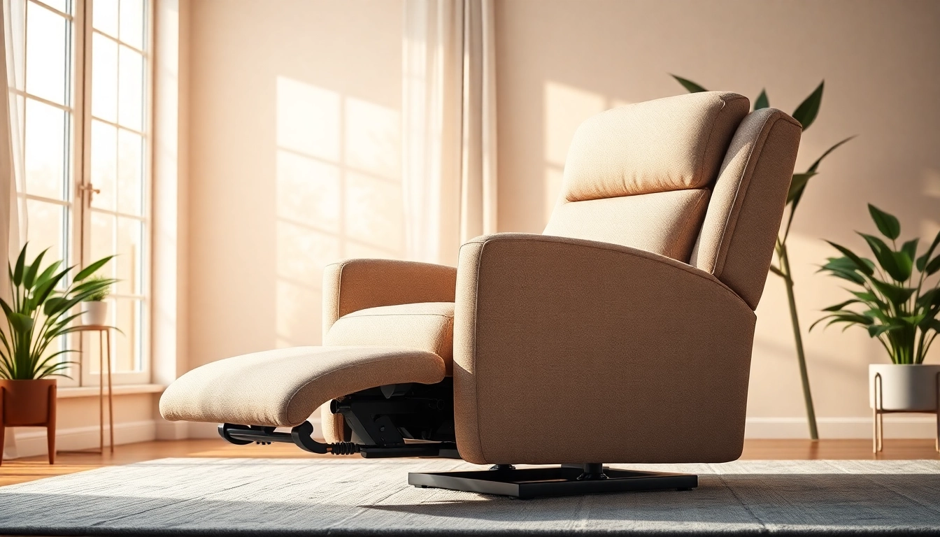 Comfortable lay flat lift chair positioned in a bright living room, showcasing its features.