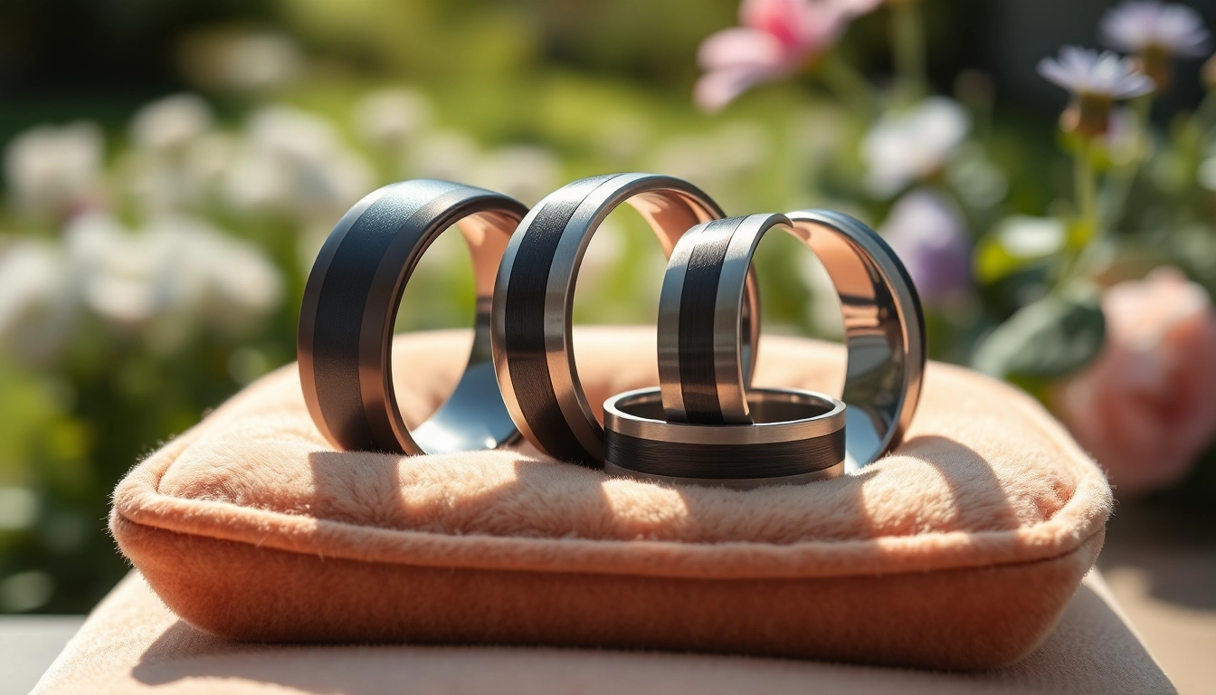 Showcasing exquisite tungsten wedding bands with varied textures against a cozy velvet backdrop.