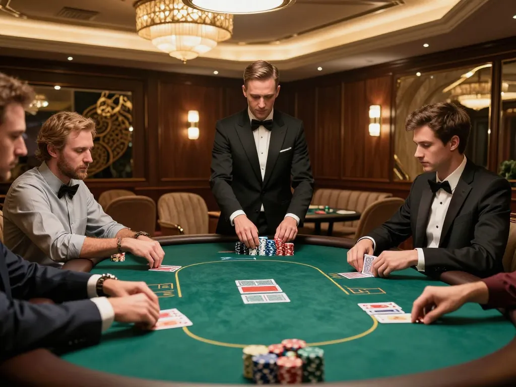 High-stakes poker game in the elegant VIP area at Manclub, showcasing players engaged in strategic play.