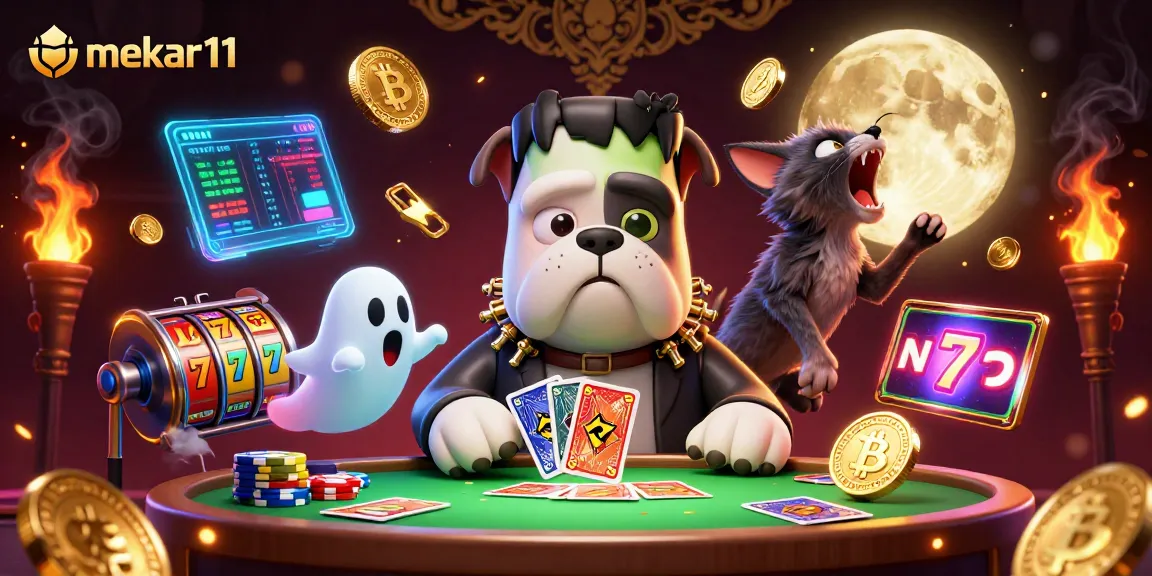 Mekar11 players delight in a vibrant, thrilling scene of fortune with cartoon characters dealing cards at a casino table.