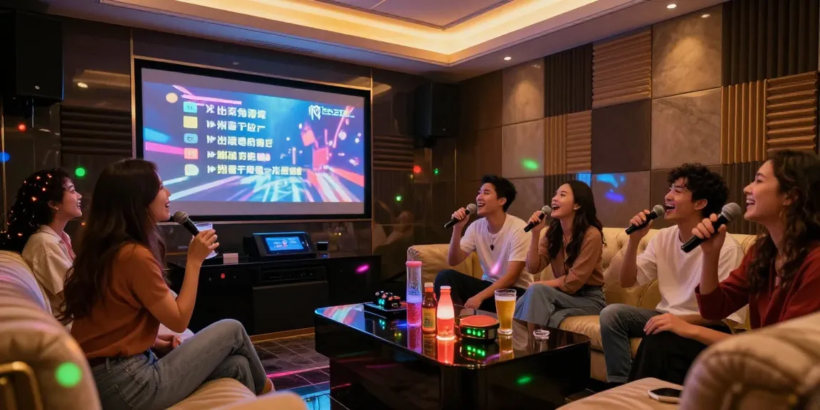 강남가라오케에서의 즐거운 노래방 파티 분위기, 친구들이 함께 노래하고 음료를 즐기는 모습