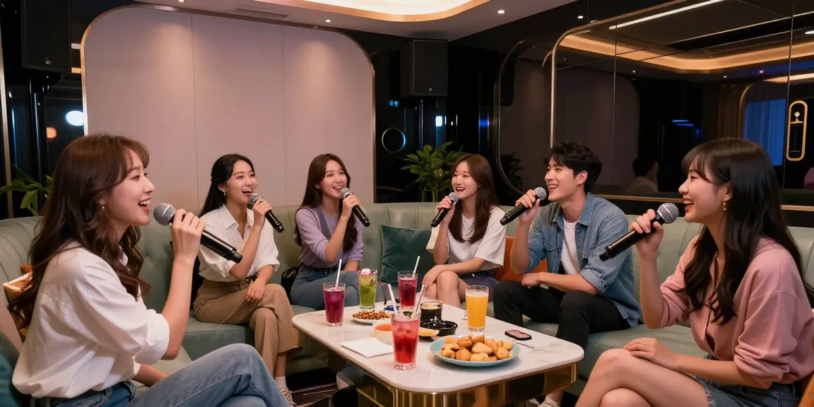강남가라오케에서 친구들과 함께 즐거운 시간을 보내는 모습, 프리미엄 인테리어와 음향 시스템이 특징인 룸.