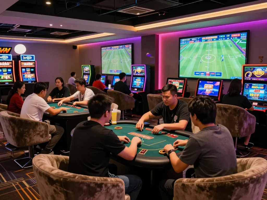 Diverse players enjoying various games at nk88 online gaming platform, showcasing vibrant casino atmosphere