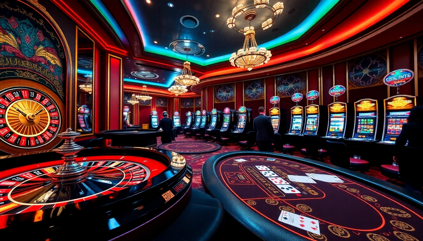 Découvrez l’excitation du casino en ligne avec des joueurs profitant du poker et de la roulette dans un cadre luxueux.