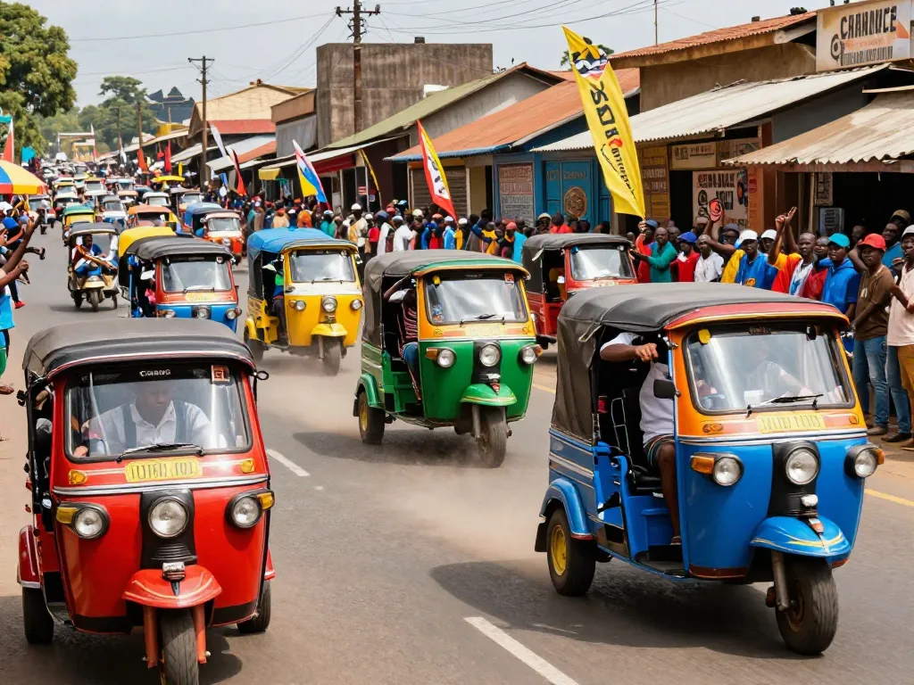 Tuk tuk competition in Kenya with colorful tuk tuks racing and cheering crowds.