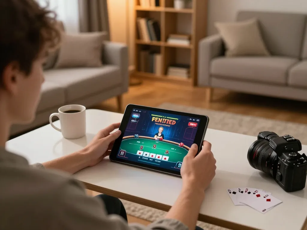 Engaging with okwintv livestream on tablet during a cozy home gaming session