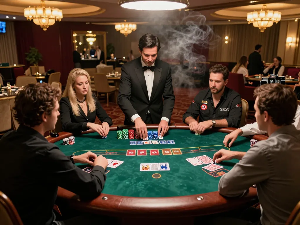 dn88 players strategizing and placing bets at an upscale poker table in a casino