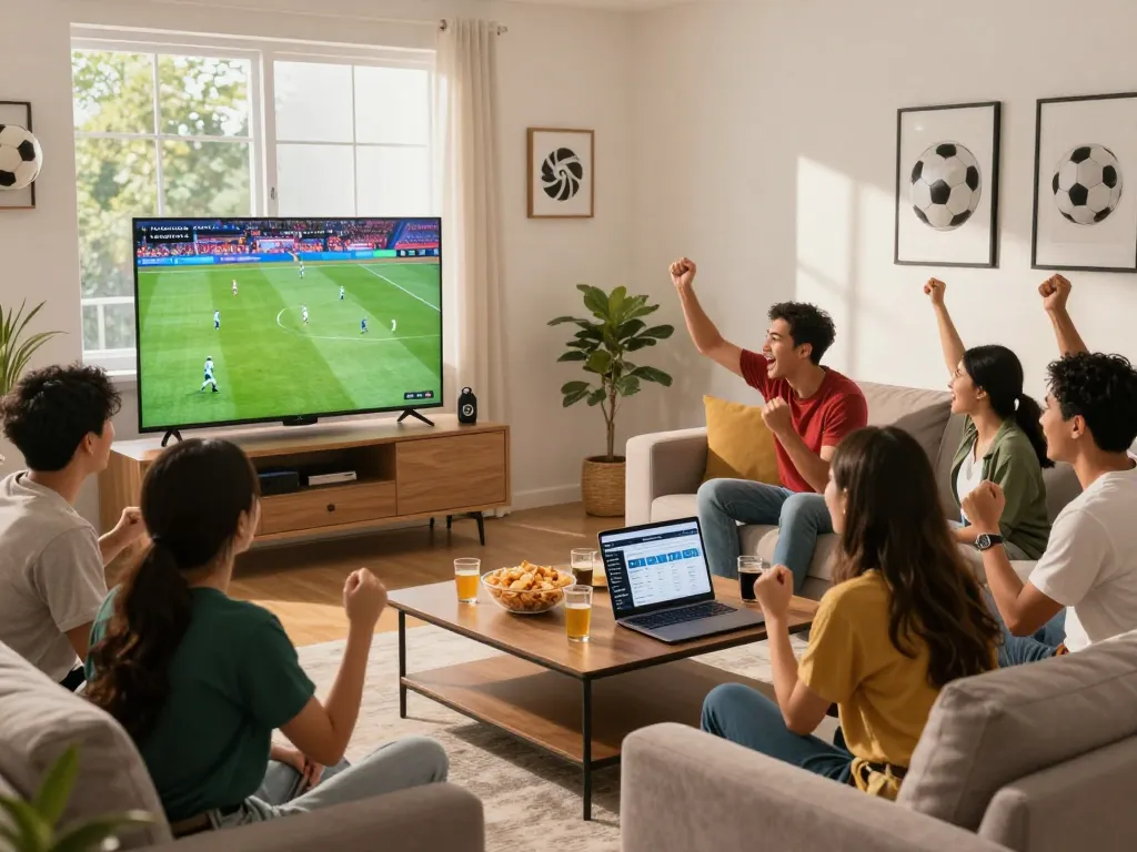 Exciting soccer watching scene featuring friends enjoying LuongSonTV live matches in a cozy living room.