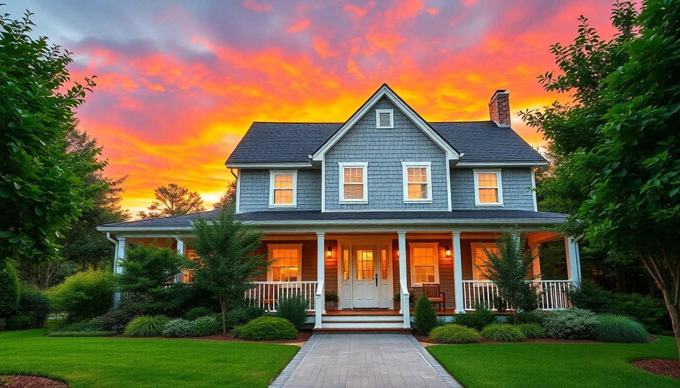 Revitalizing cape cod home exuding charm, set against vibrant sunset and greenery.