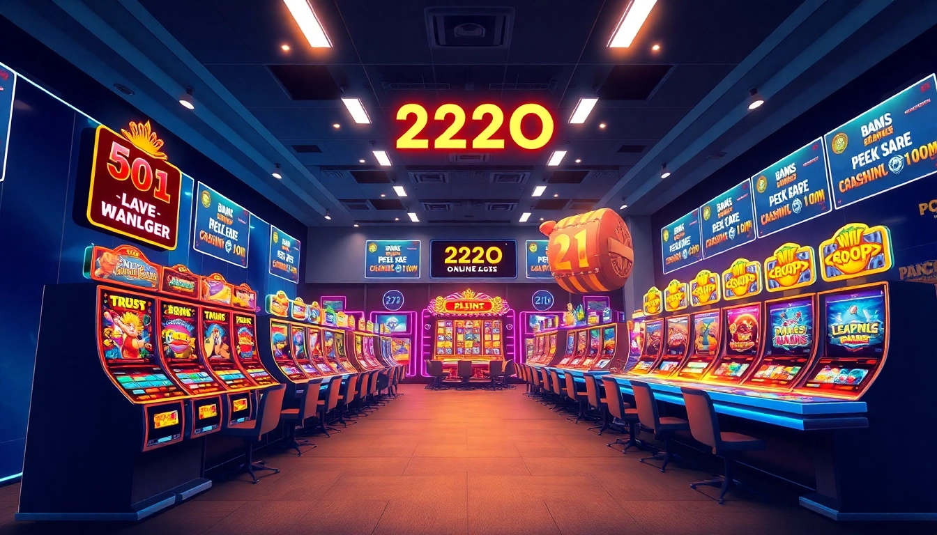 222O online betting platform interface featuring vibrant slot machines and live game tables