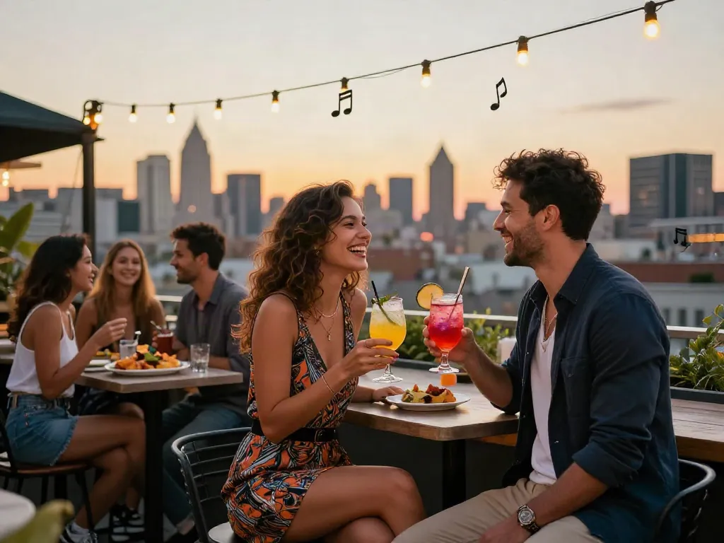Urban couple enjoying vibrant nightlife at a rooftop bar with cocktails, reflecting a fun and stylish atmosphere on Hornyleak.