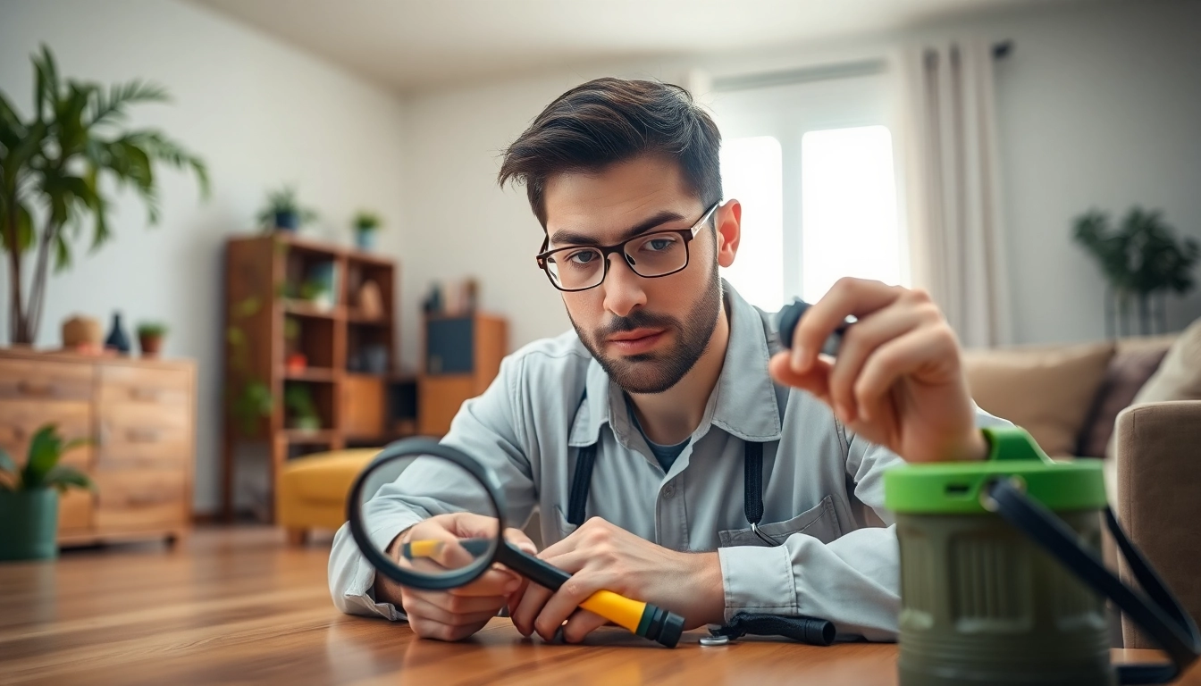 Call exterminator now with a professional pest control technician inspecting a home for pests.