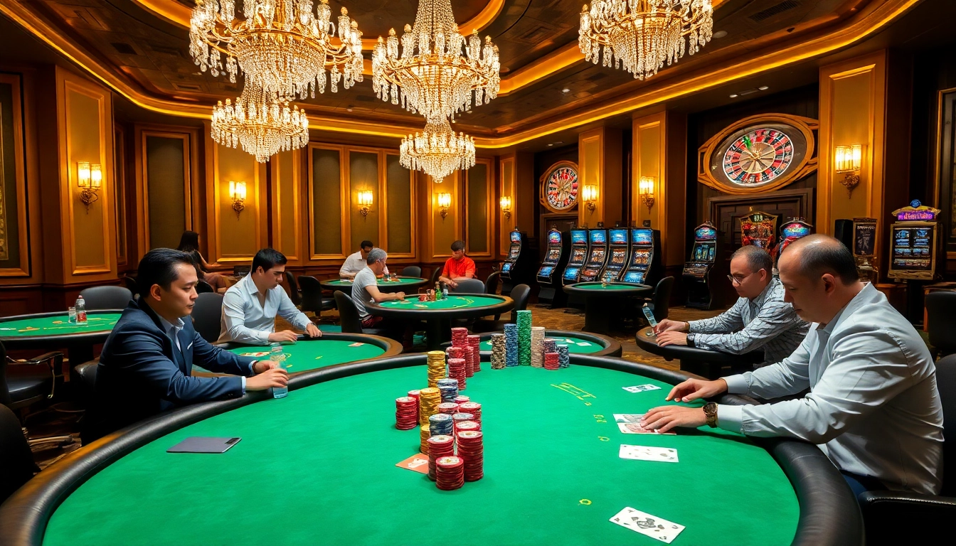 Menarik pemain di meja poker IDN yang mewah, menunjukkan kegembiraan dalam suasana kasino yang hidup.