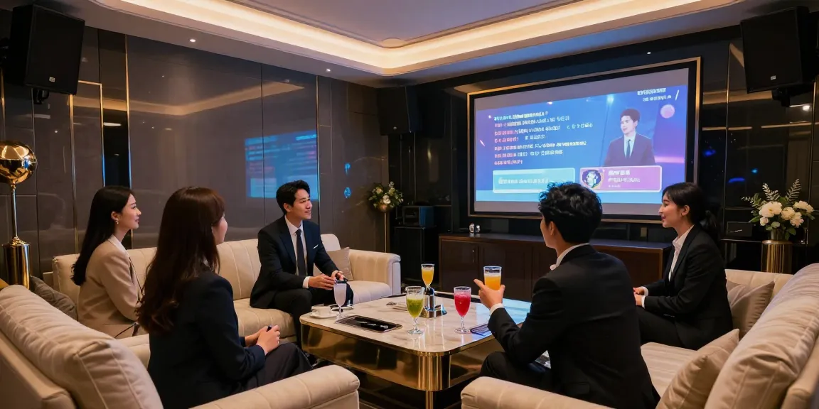 강남구구단 프리미엄 룸에서 비즈니스 미팅 중인 사람들, 고급스러운 인테리어와 조명 강조