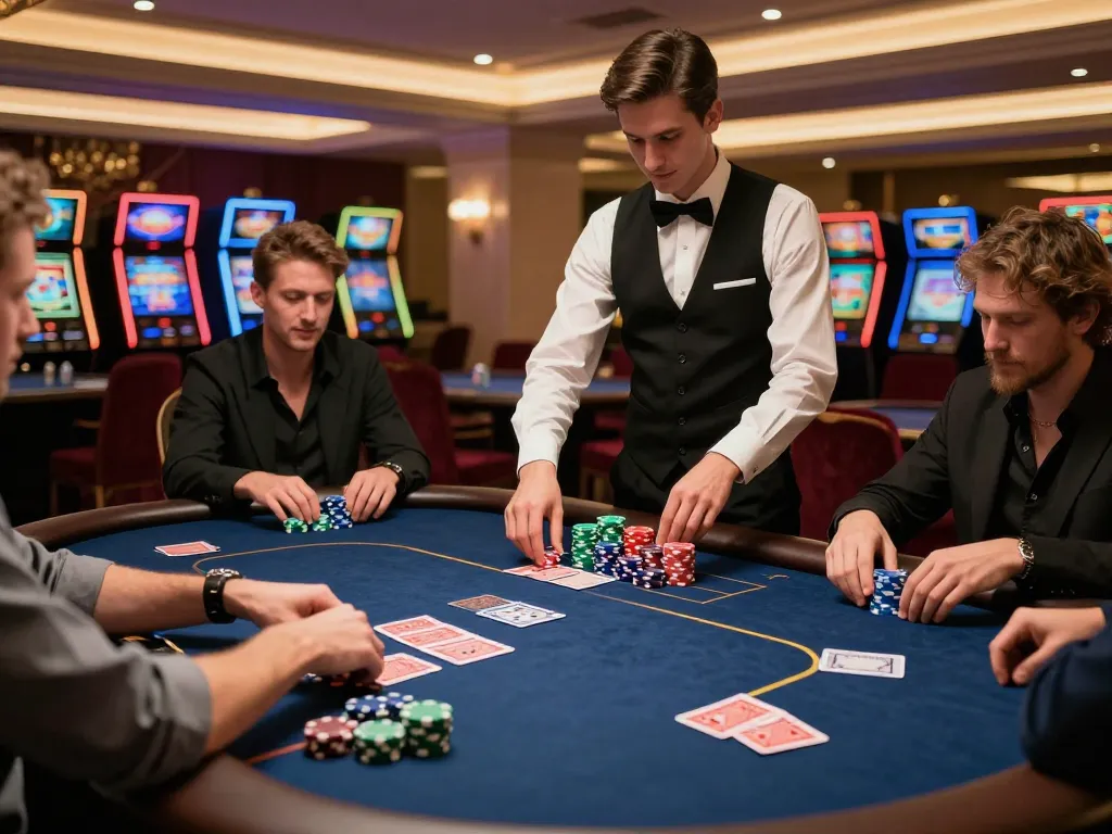 Players at an upscale casino poker table showcasing strategic gameplay with Da88 stakes involved.