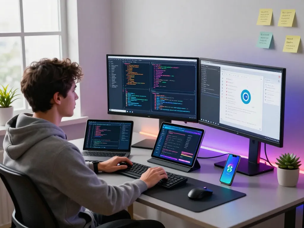 Developer using a molt bot in a modern workspace with colorful code displays and tech tools.