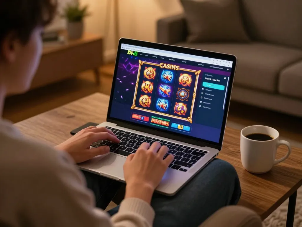 Engaging with bk8 online casino games from home, showcasing vibrant slot machines and a cozy atmosphere.
