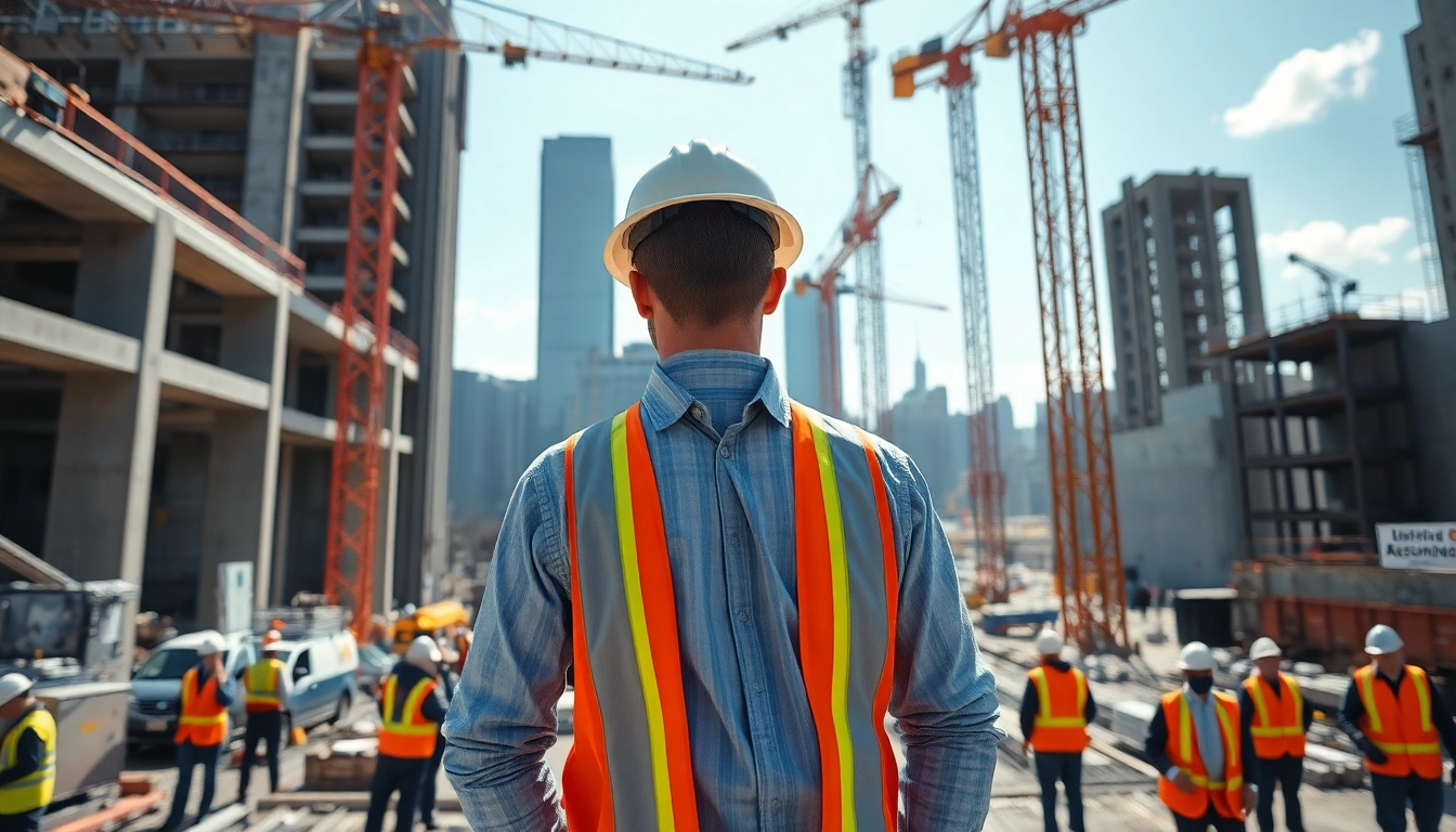 Manhattan Construction Manager supervising a busy construction site with cranes and workers.