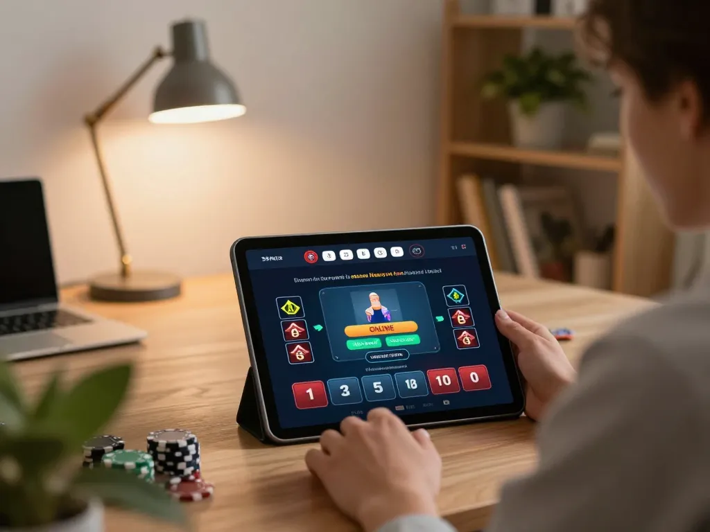 Engaged player using i9bet tablet for live dealer games in a cozy home setting.