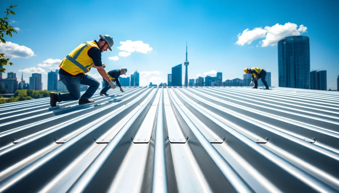 Installing metal roofing toronto with skilled professionals against the city skyline.