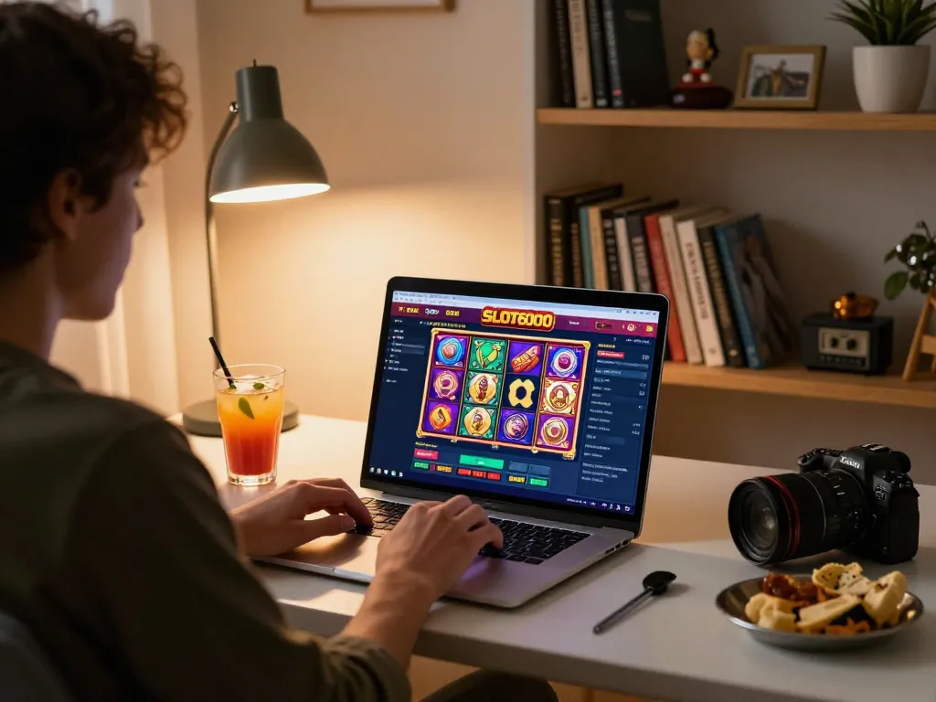 Engaging slot6000 gameplay on a laptop with vibrant graphics and cozy home environment.