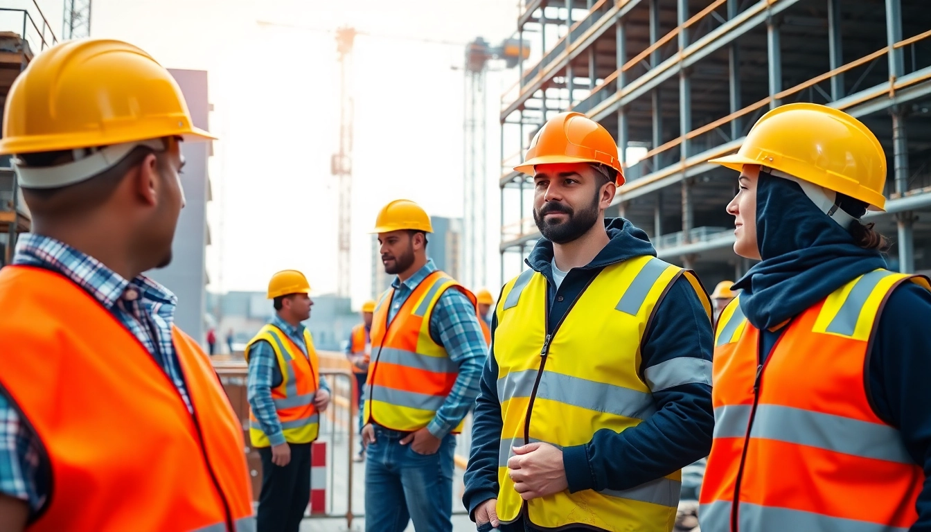 Construction site safety practices illustrated with workers wearing protective gear and collaborating.