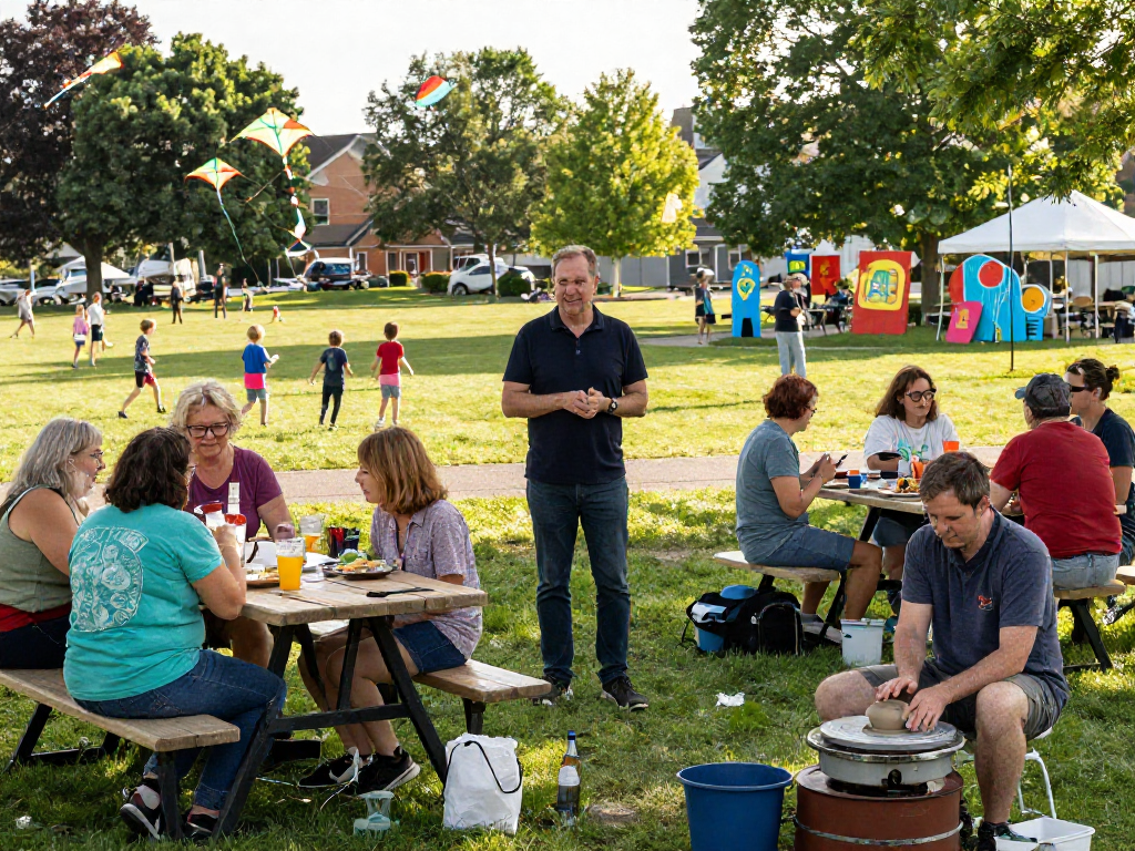 Stephen Gleave Ancaster engaging with the community at a lively outdoor gathering, showcasing local art and family interaction.