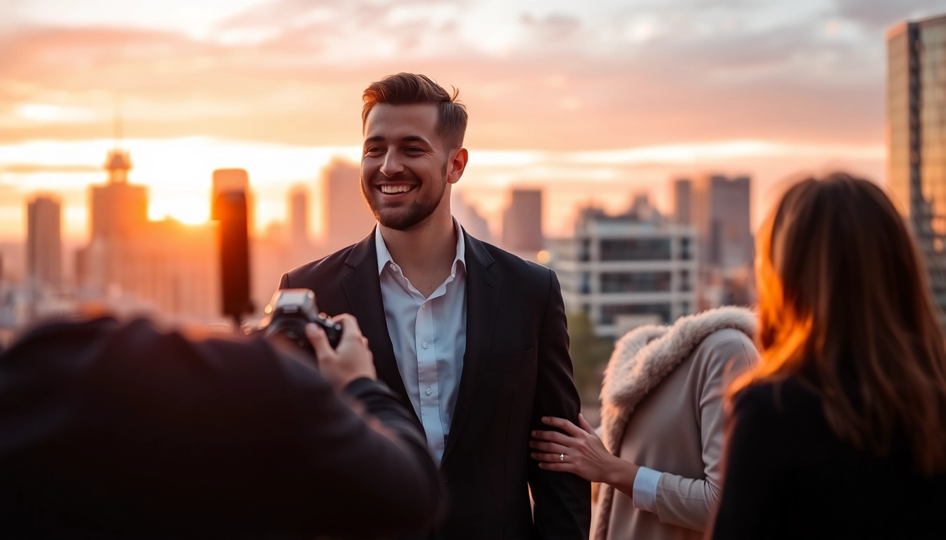 Engaging couple at a photography company edmonton against a vibrant cityscape backdrop.