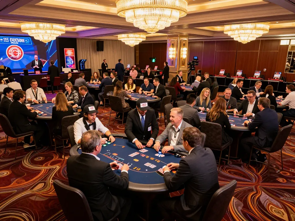 Players enjoying poker at king33 casino with lively atmosphere and elegant decor