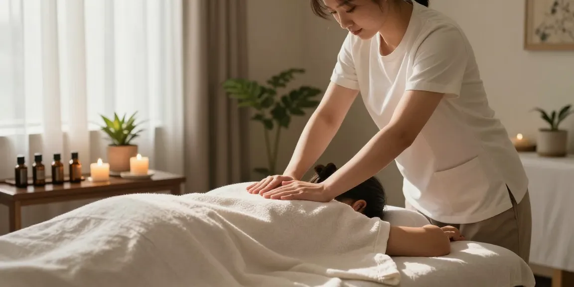 마사지 시술을 받고 있는 고객과 테라피스트의 편안한 공간.