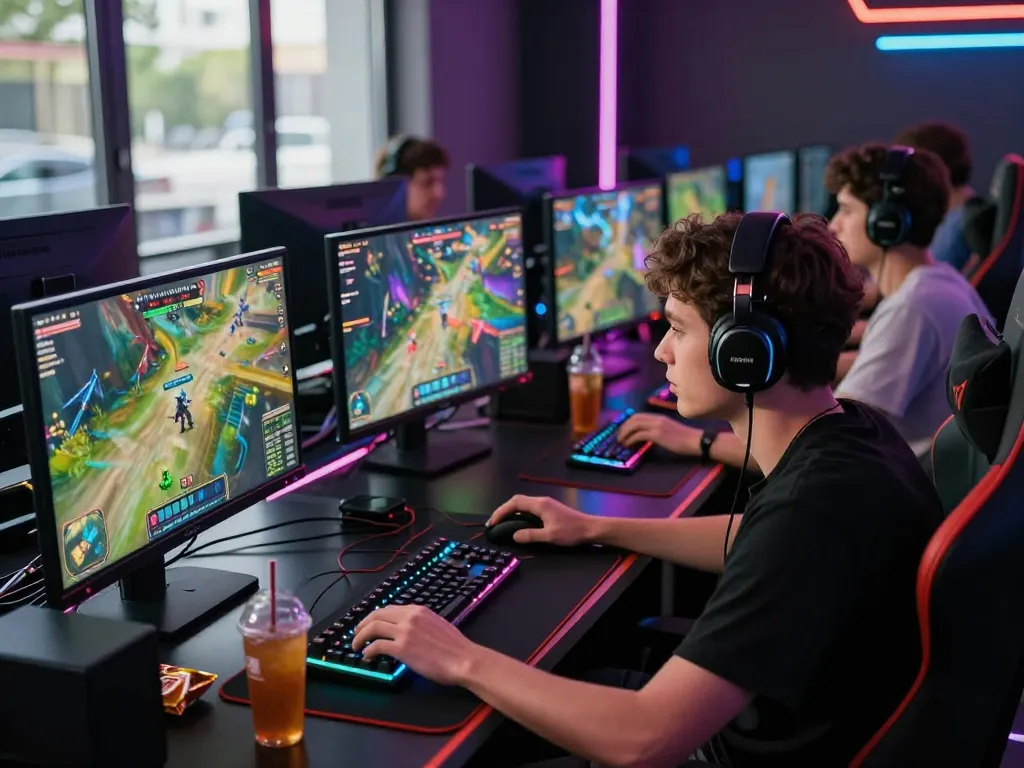 A diverse group enjoys an exciting gaming session at www.mantra88.com highlighted by vibrant screens and LED lights.