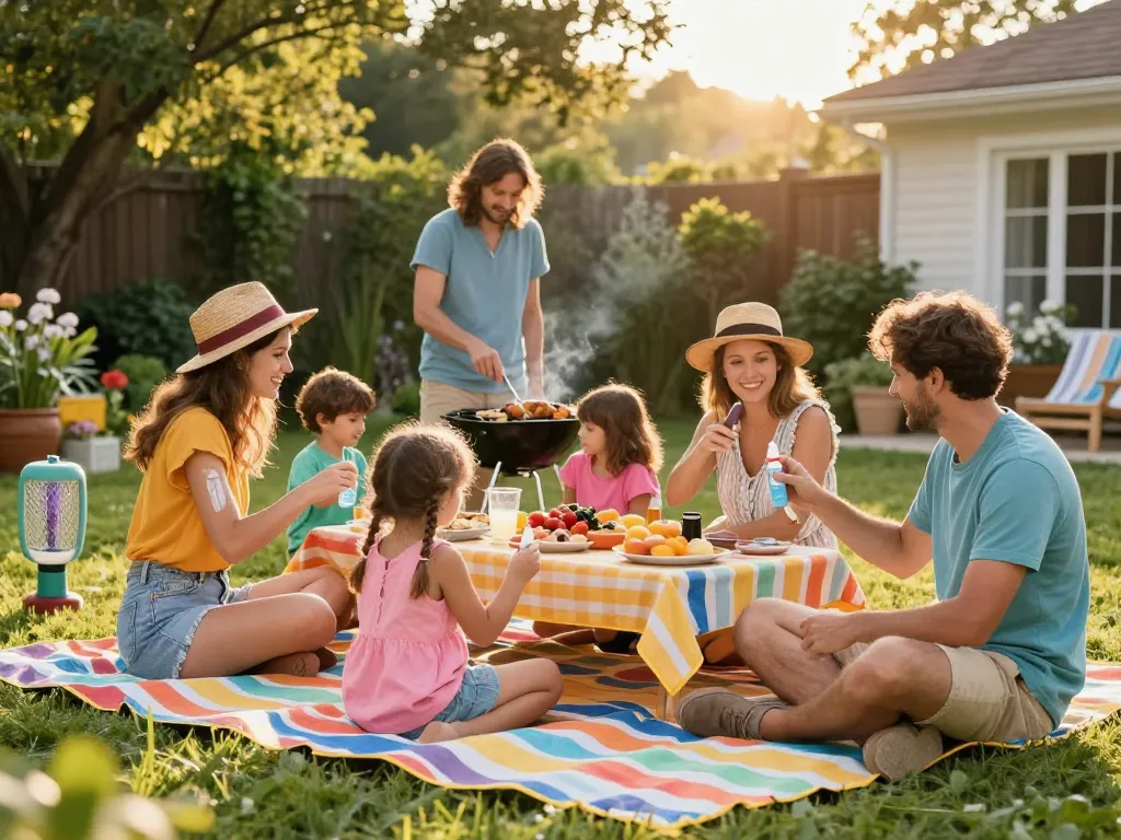 Family enjoying a summer barbecue while using the best mosquito repellent to stay protected outdoors.