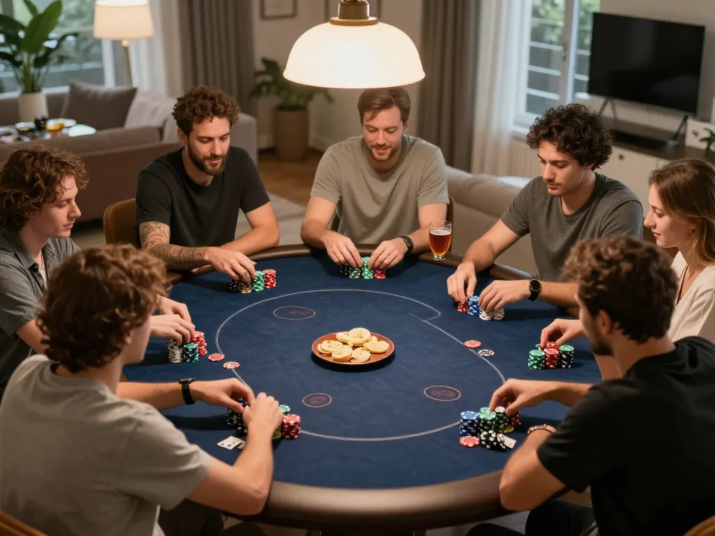 Players enjoying a game of Texas Hold'em at home, showcasing the camaraderie of poker night while highlighting trang chủ dh88's gaming community.