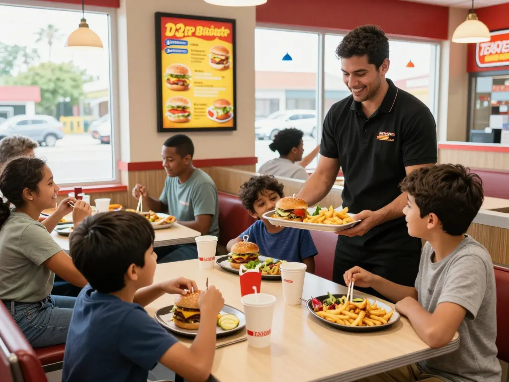 Family enjoying a fast food menu meal in a vibrant restaurant atmosphere.
