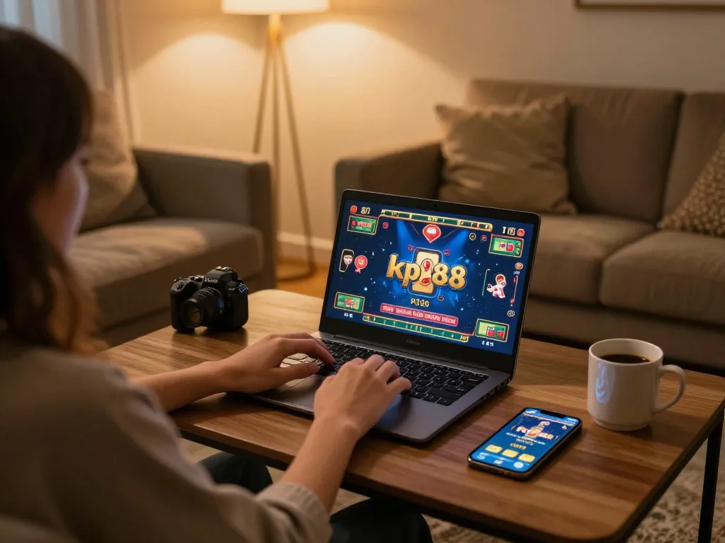 Experience kp88 casino gaming from the comfort of home with a player engaged on their laptop.