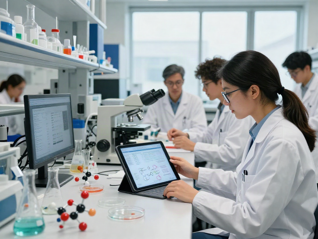 Research team studying GHK-Cu research peptides effects in a laboratory setting.