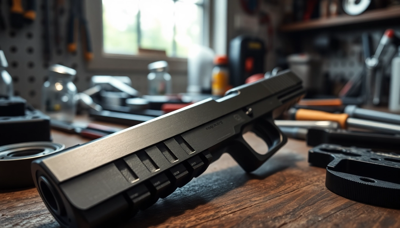 Examine glock 19 slides showcasing precision craftsmanship with tools in the background.