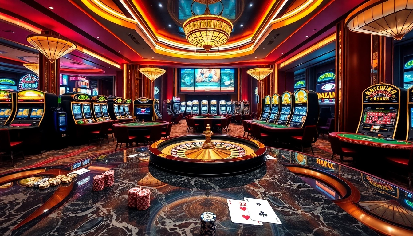 Enjoy a luxurious game of Mega888 in a vibrant casino with dynamic tables and slot machines.