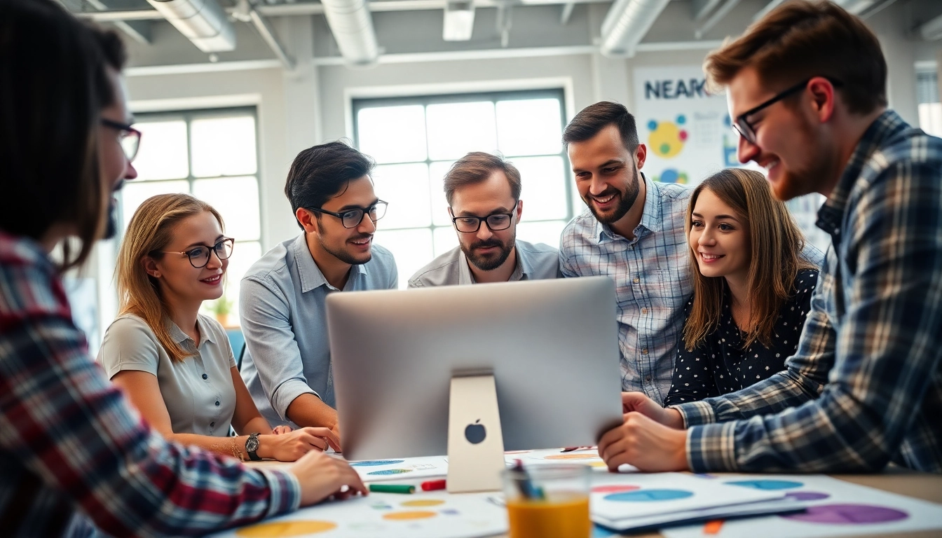Webdesign Agentur team creatively designing innovative websites in a vibrant workspace.