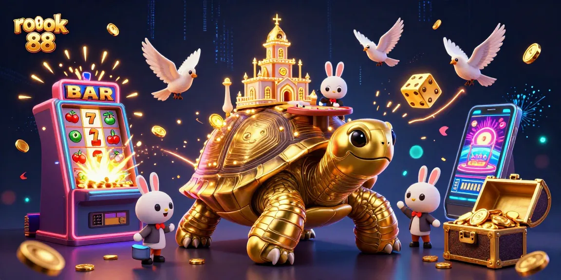Spin the reels with rokok 88's engaging casino scene featuring vibrant slot action and playful characters.